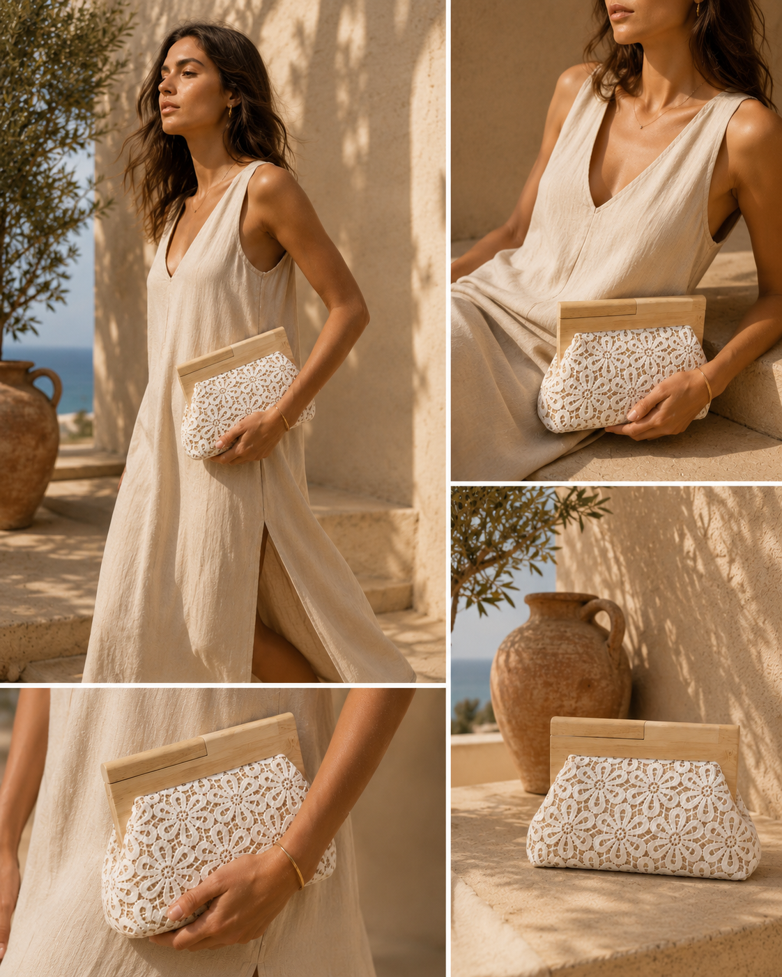 Sac Pochette en Dentelle Fleurie & Bois Naturel