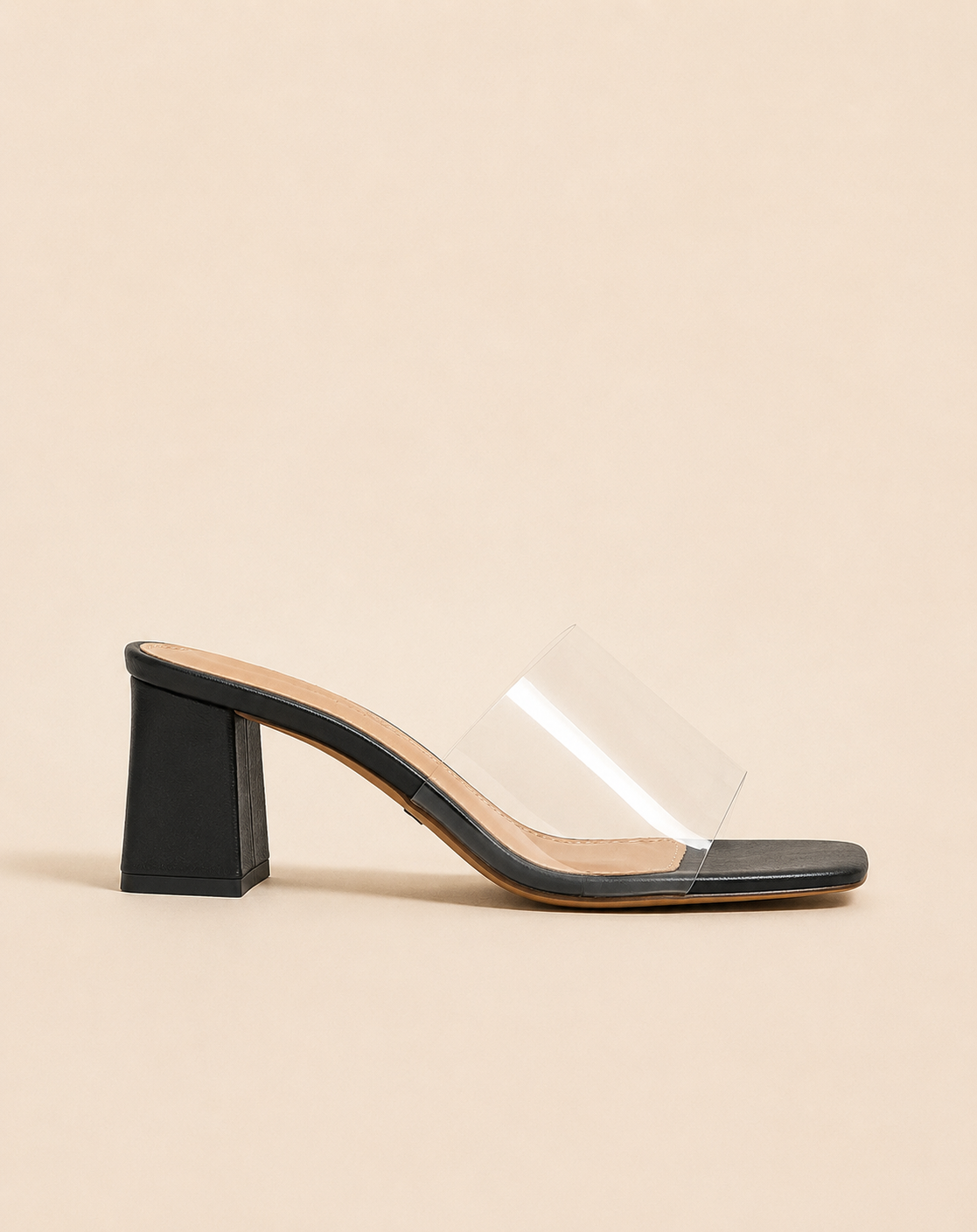 Sandales à talons transparentes – Noir, Beige & beige doré