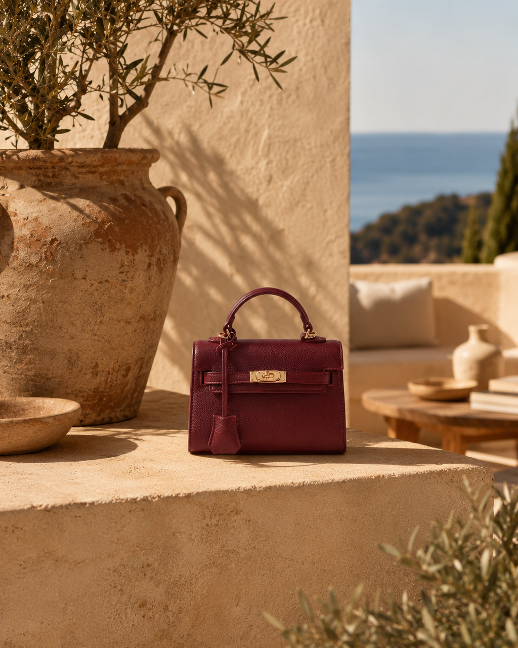 Mini-sac structuré – Bleu marine, Marron chocolat, beige , Noir & Rouge bordeaux