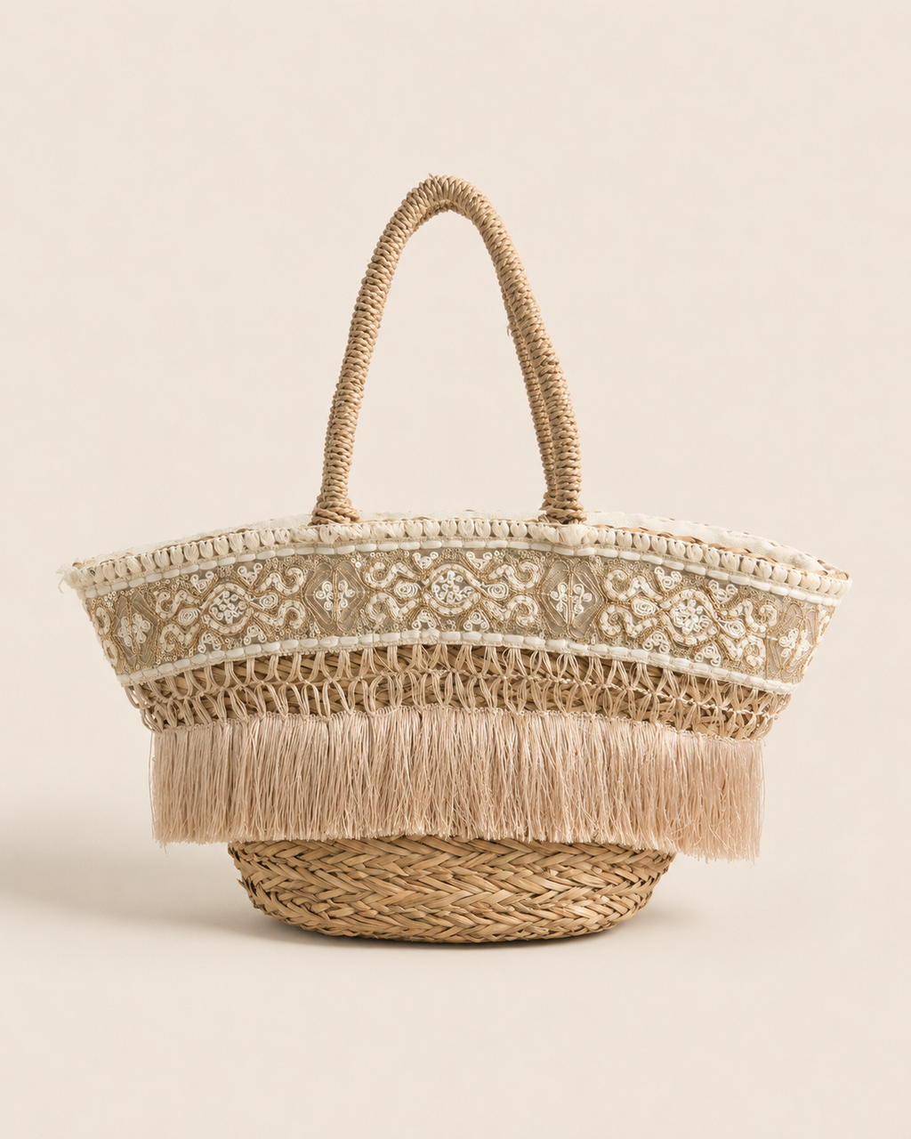 Sac cabas en paille brodé à franges – Beige naturel