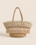 Sac cabas en paille brodé à franges – Beige naturel