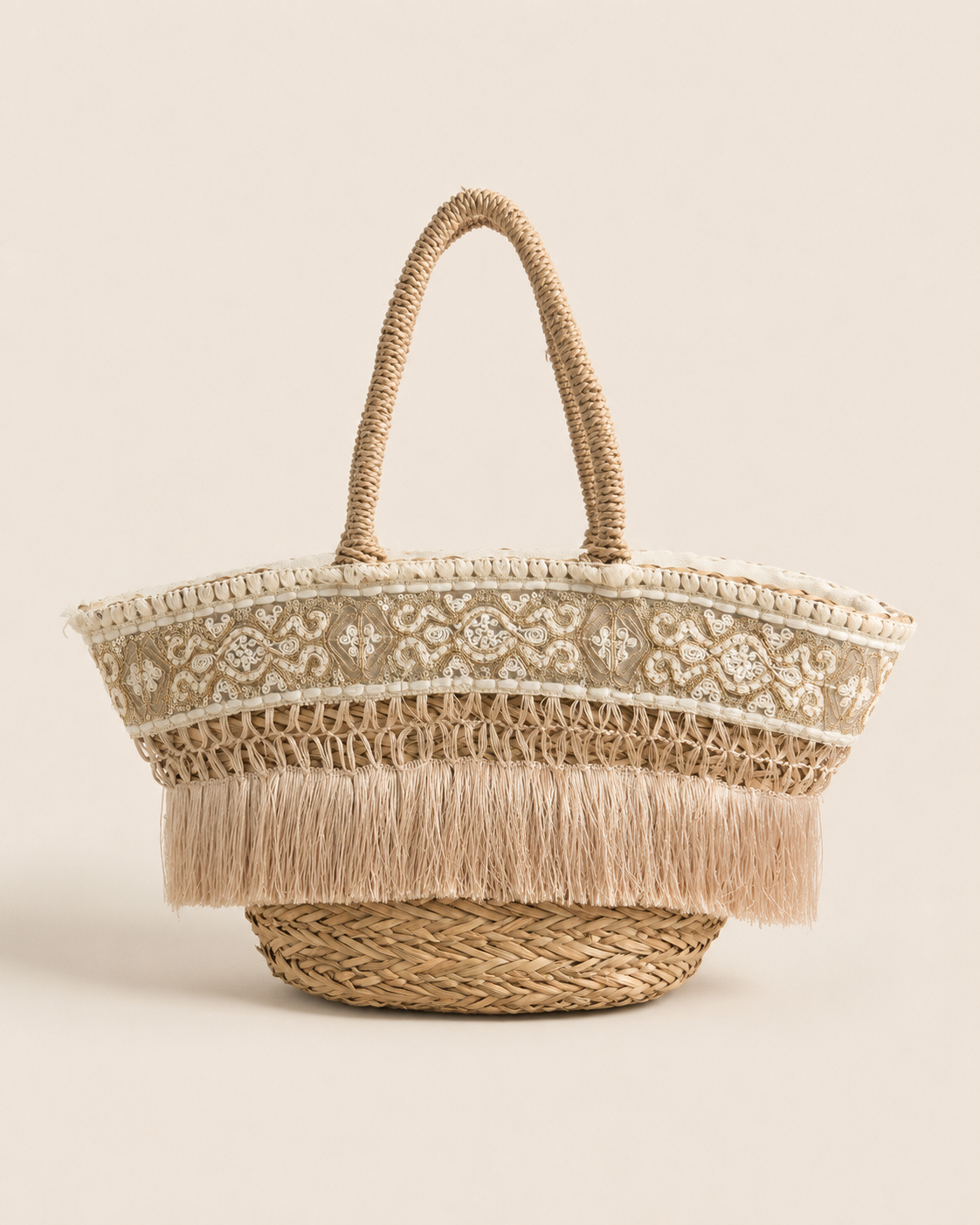 Sac cabas en paille brodé à franges – Beige naturel