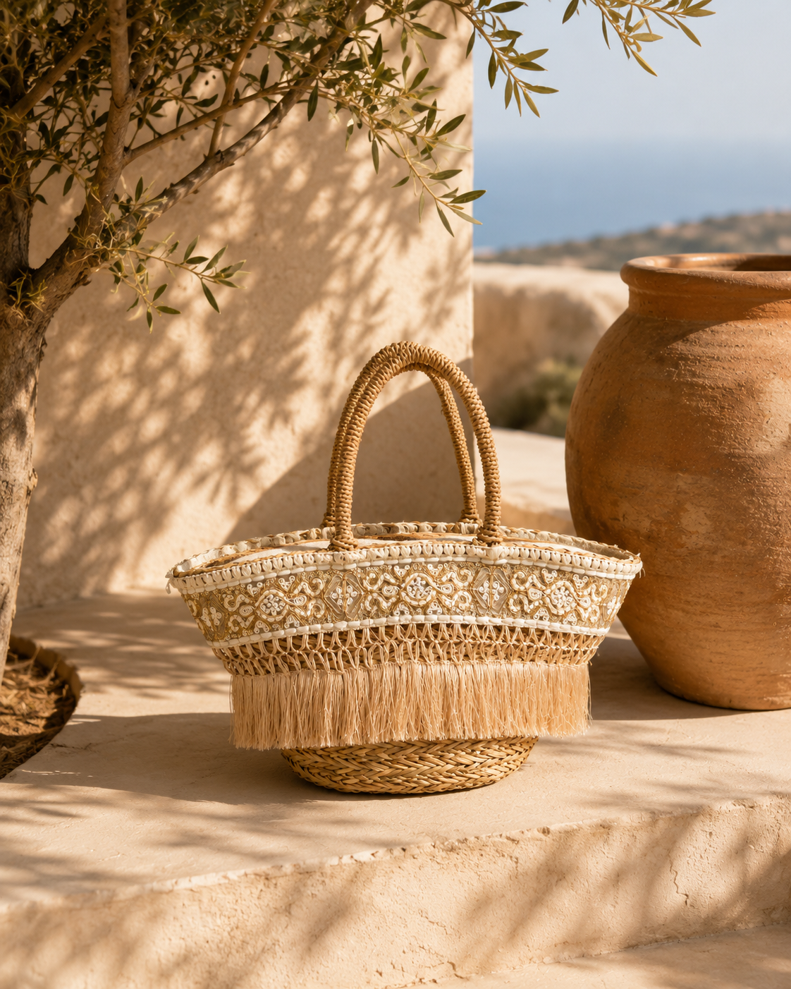 Sac cabas en paille brodé à franges – Beige naturel