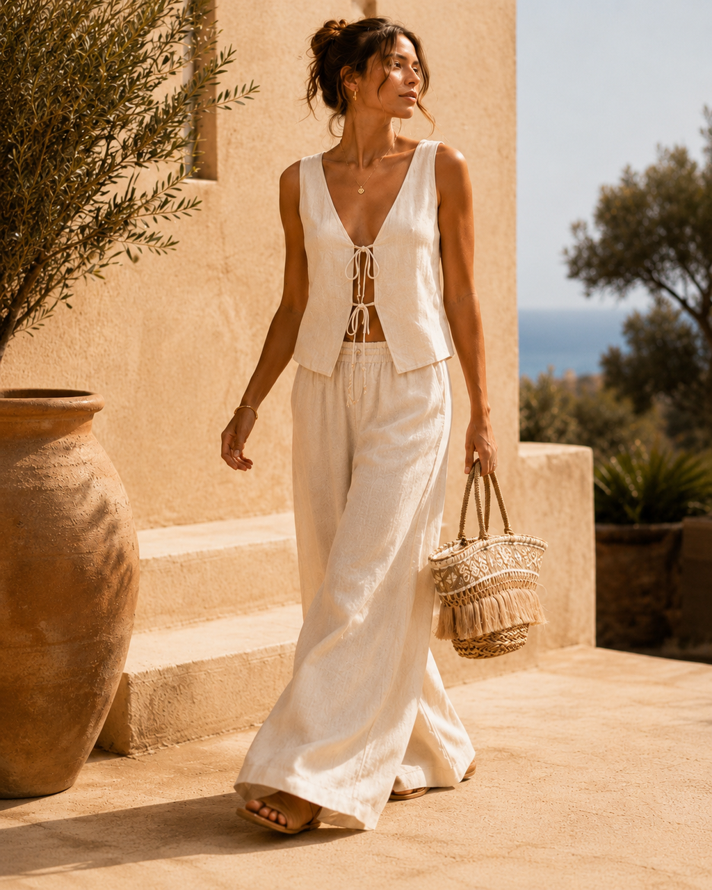 Sac cabas en paille brodé à franges – Beige naturel