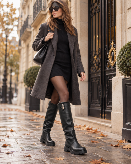 Bottes hautes noires à semelle crantée